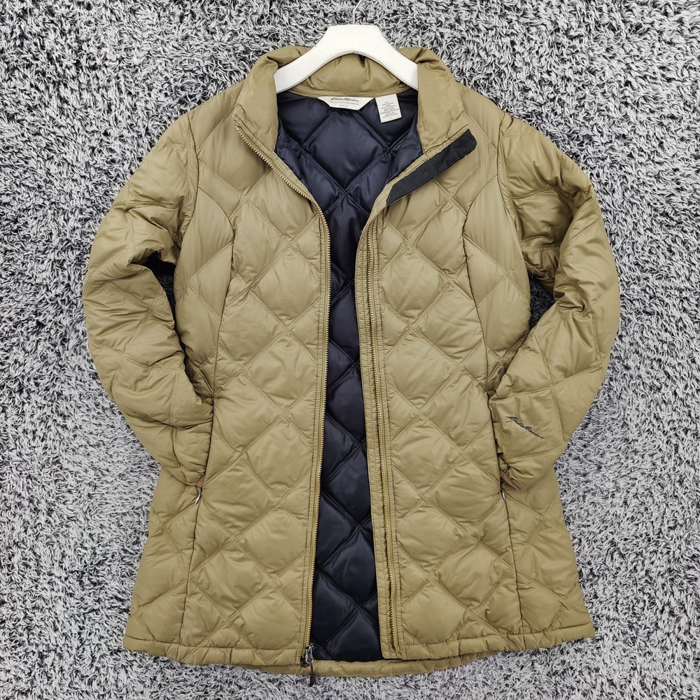 Eddie Bauer Womens Gorpcore Quilted Down Puffer Jacket L Tan Green 700 Fill Coat